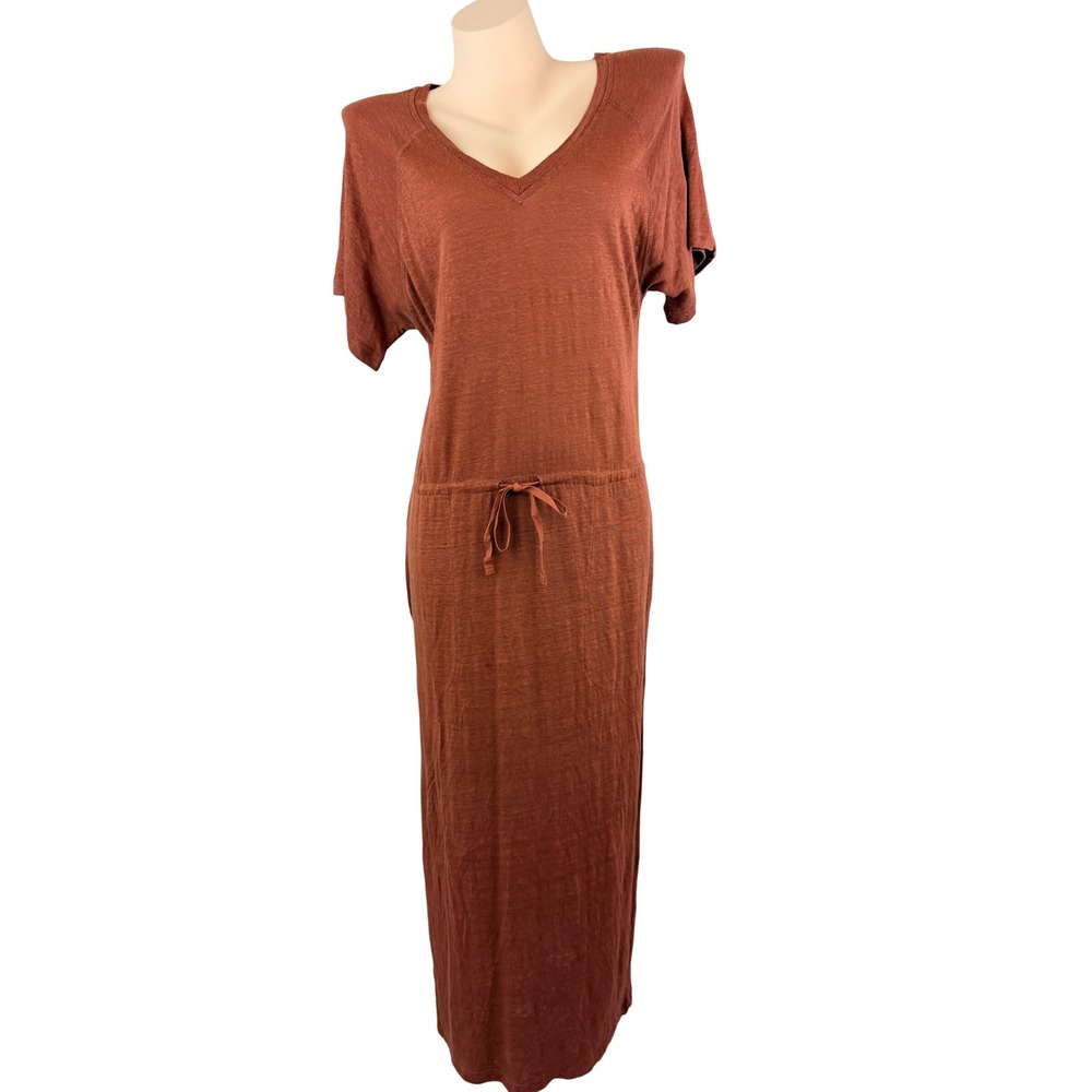 The Company Store Coastal Linen Maxi Dress Rust Brown Pockets Drawstring XS/S